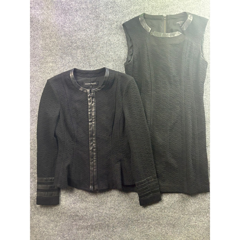 Nanette Lepore Dress & Jacket Set Women 4 Black Leather Trim Textured Boucle